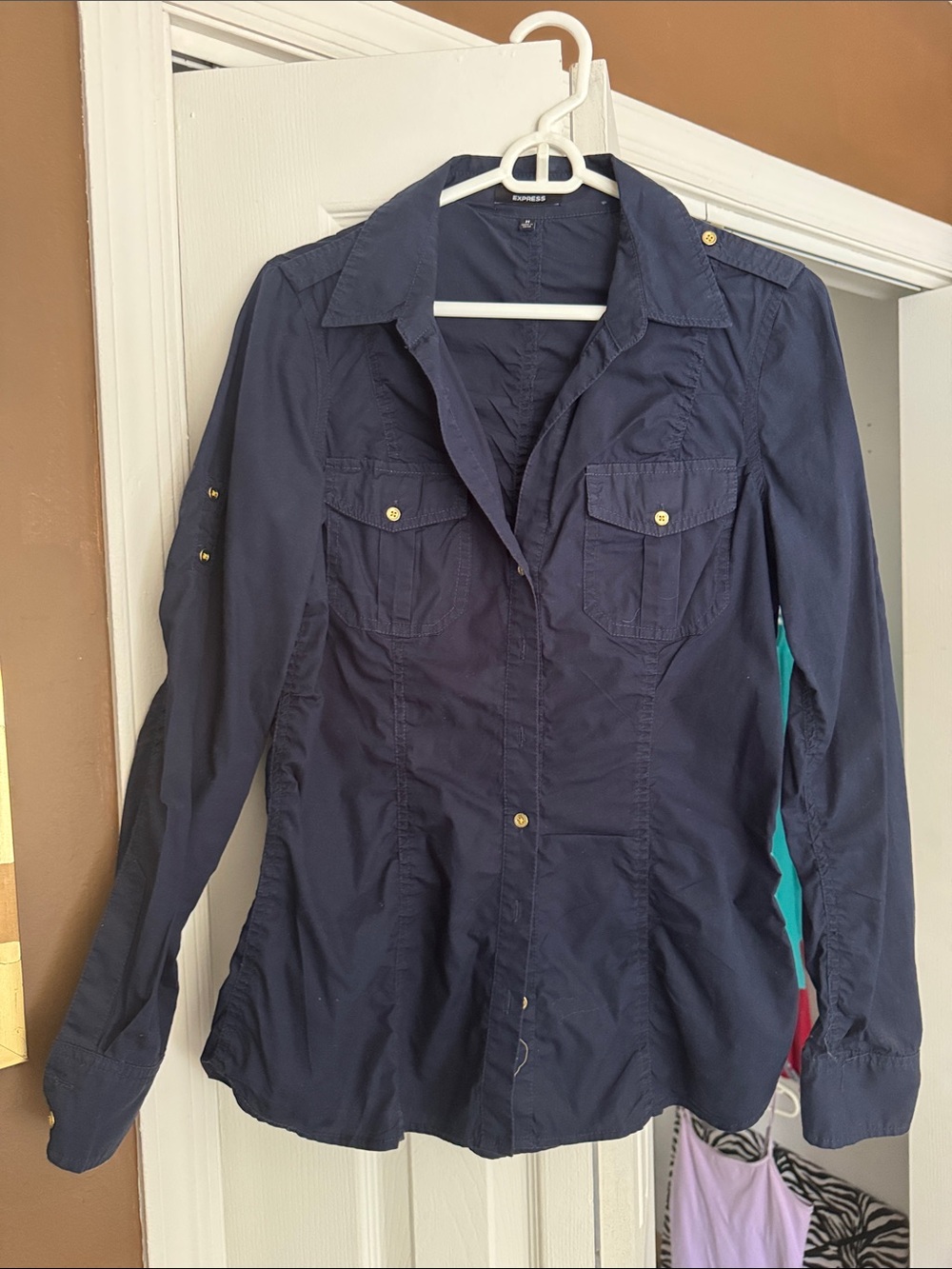 Express Navy Button-Front Long Sleeve Utility Shirt